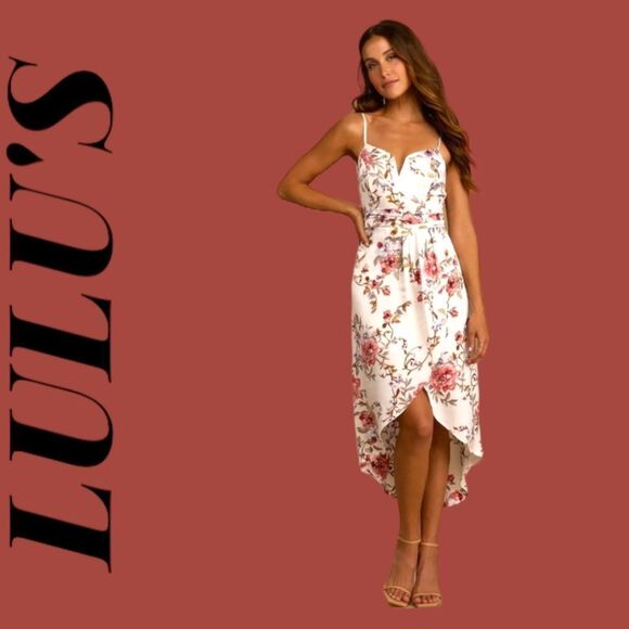 LuLu's My Favorite Day Ivory Floral Print Tulip 🌷 Skirt Midi Dress - Picture 2 of 14